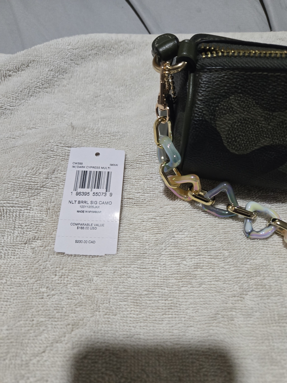 Coach Nolita Barrel Bag in Signature Camo (Dark Cypress) with Iridescent Chain
